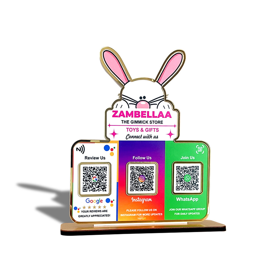 Bunny Logo Cutout Premium Smart NFC 3QR Table Top Standee | Social Media Theme Edition