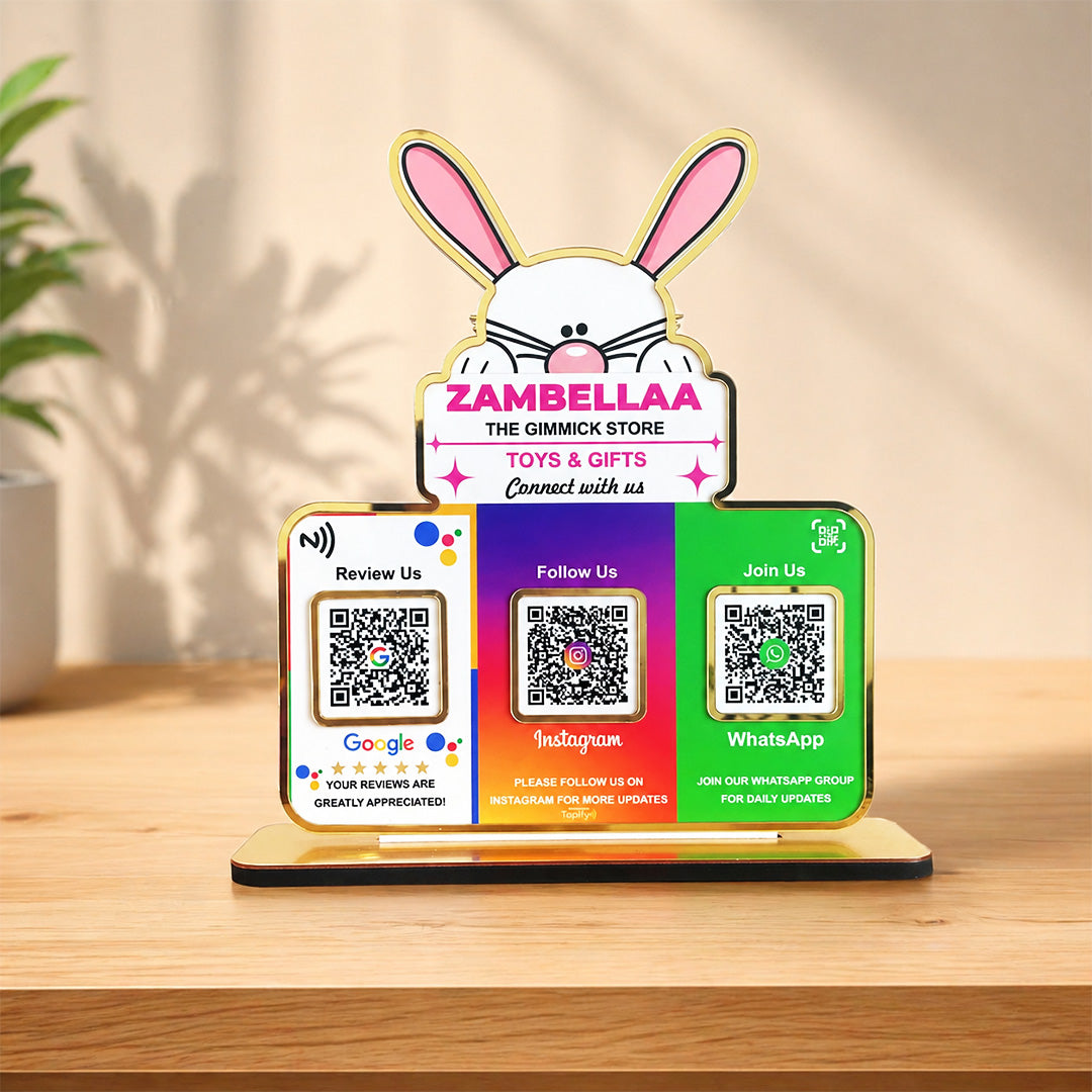 Bunny Logo Cutout Premium Smart NFC 3QR Table Top Standee | Social Media Theme Edition