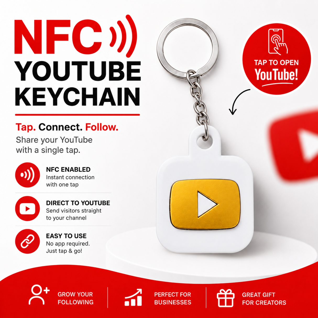 Smart NFC YouTube Keyring - without QR Code(Fixed Design, Your Link Added ) - Acrylic Logo