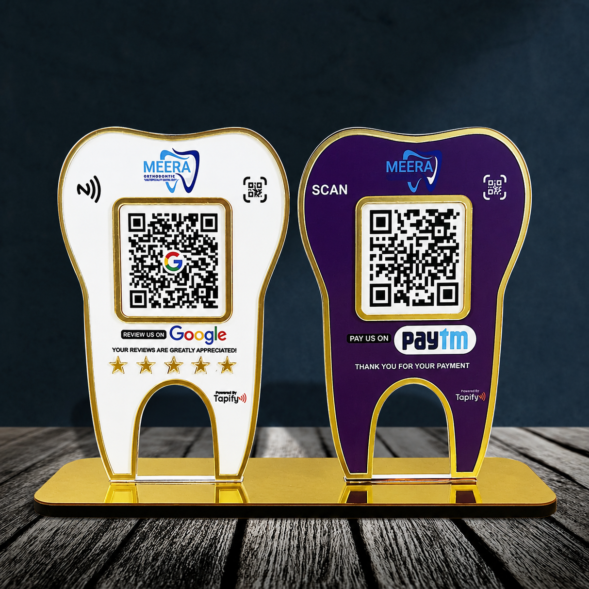 Tooth Shape - Smart NFC 2QR Table Top Standee - W&P Colour - Google, Paytm