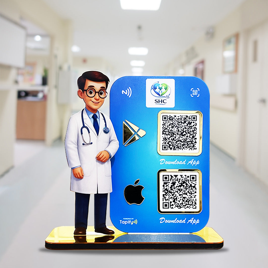 Doctor Cutout Shape - Smart NFC 2QR Standee | Play Store and App Store Theme - Blue Colour