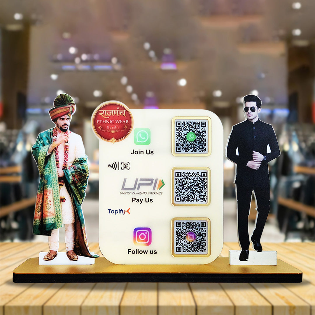 Two Men Cutout Shape - Smart NFC 3QR Table Top Standee - For Ethnic Wear Shop