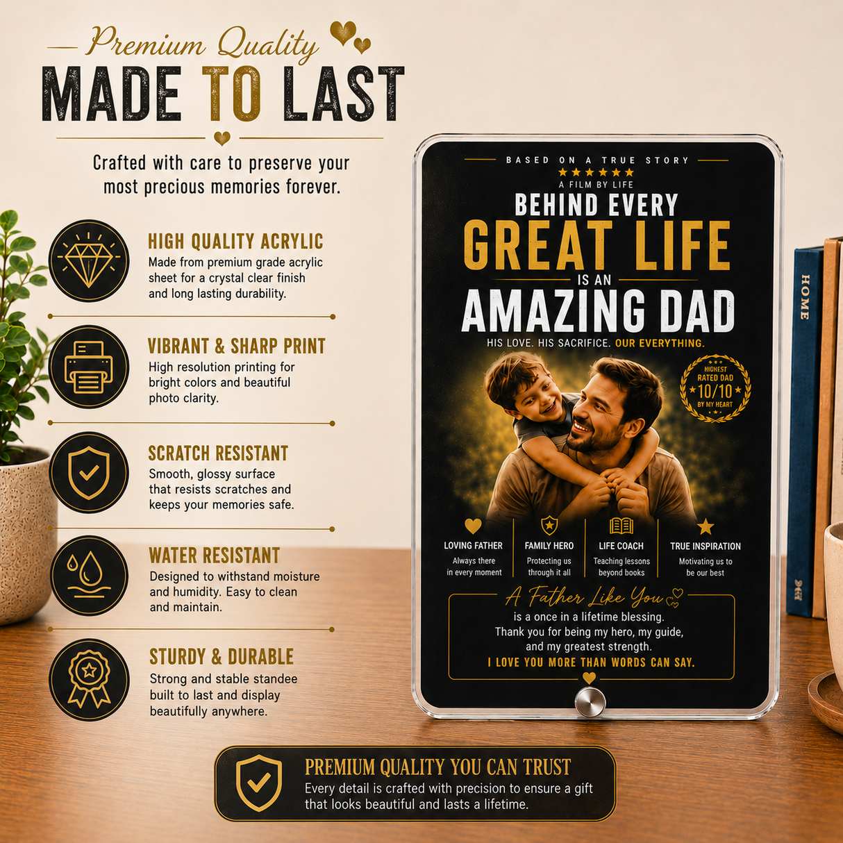 Behind Every Great Life – Personalized Dad Photo Frame- Custom Acrylic Gift for Father & Son/Daughter