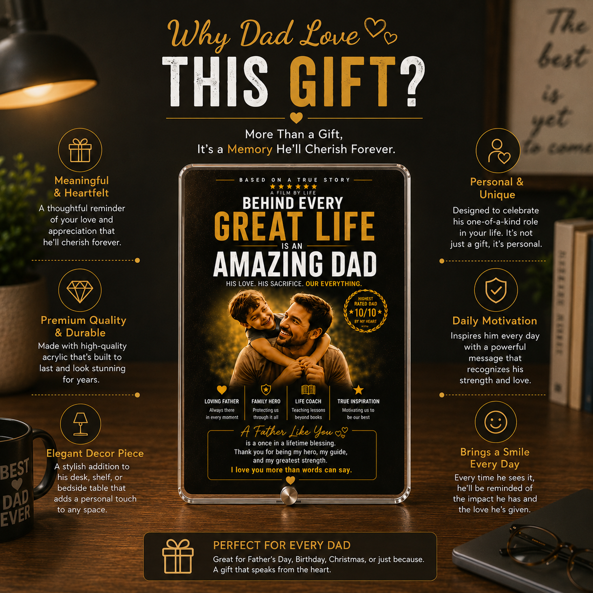 Behind Every Great Life – Personalized Dad Photo Frame- Custom Acrylic Gift for Father & Son/Daughter