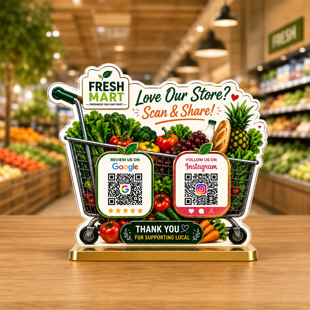 Grocery & Fruit Cart Basket Shaped - Smart NFC 2 QR Table Top Standee