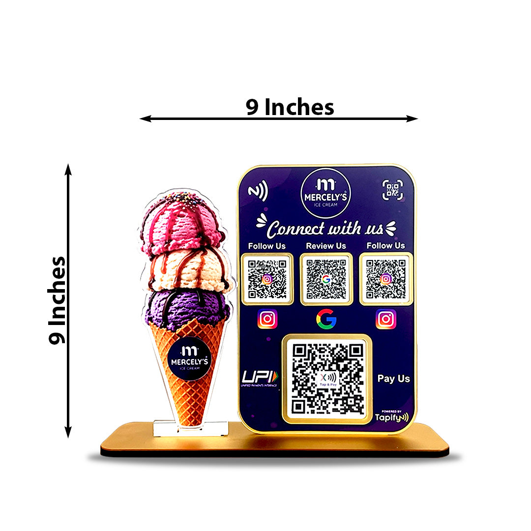 Ice-Cream Cutout Shaped Smart NFC 4-in-1 Table Top Standee With ( Big UPI )