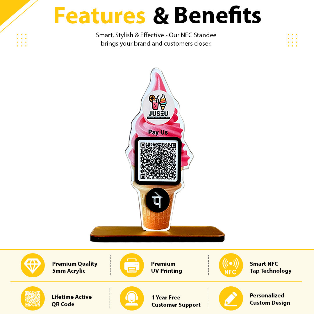 Ice Cream Shaped Smart NFC 1 QR Standee - For Ice Cream Shops - PhonePe
