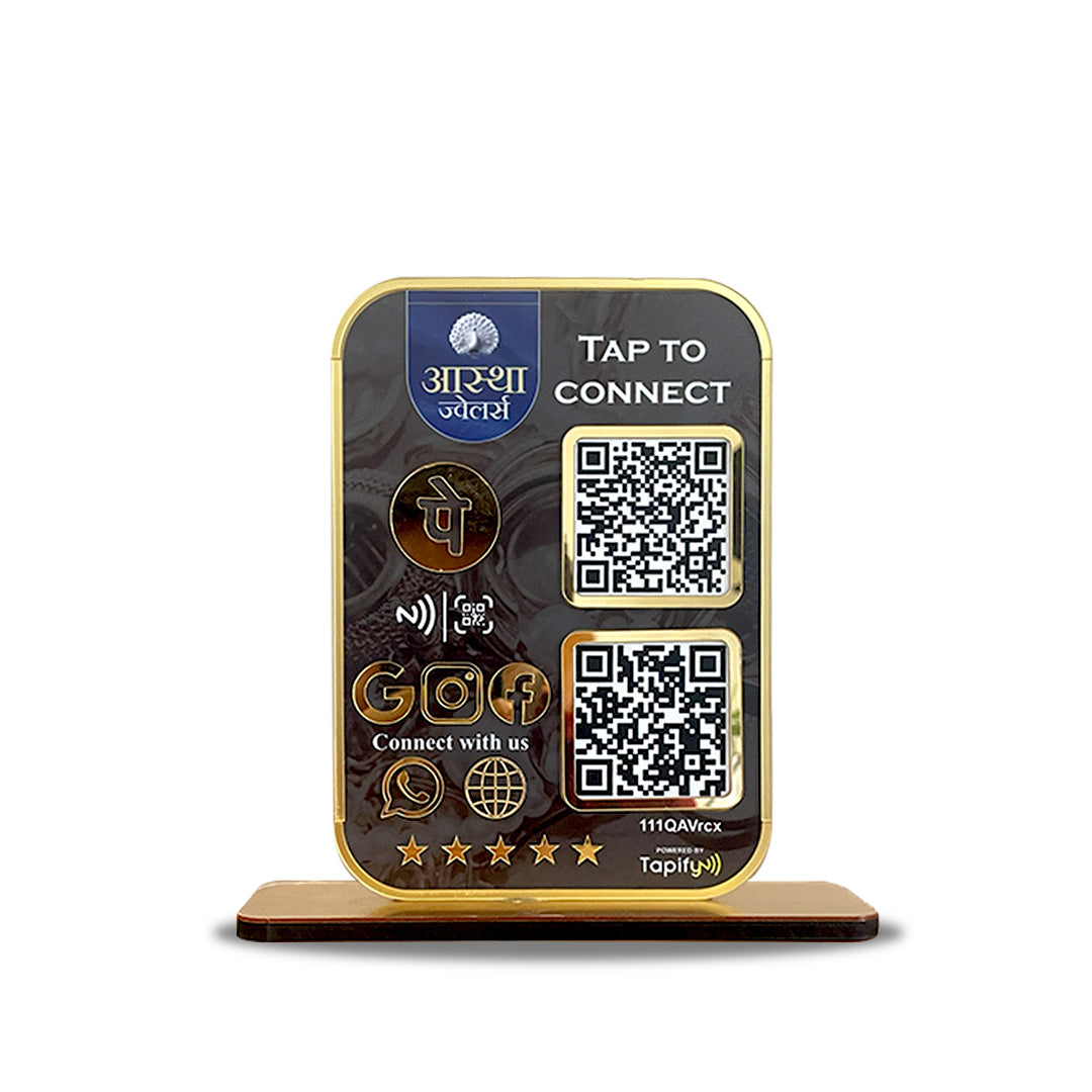 Premium Smart NFC All-In-One + UPI Table Top Standee | Portrait Style | Jewelry Background Edition