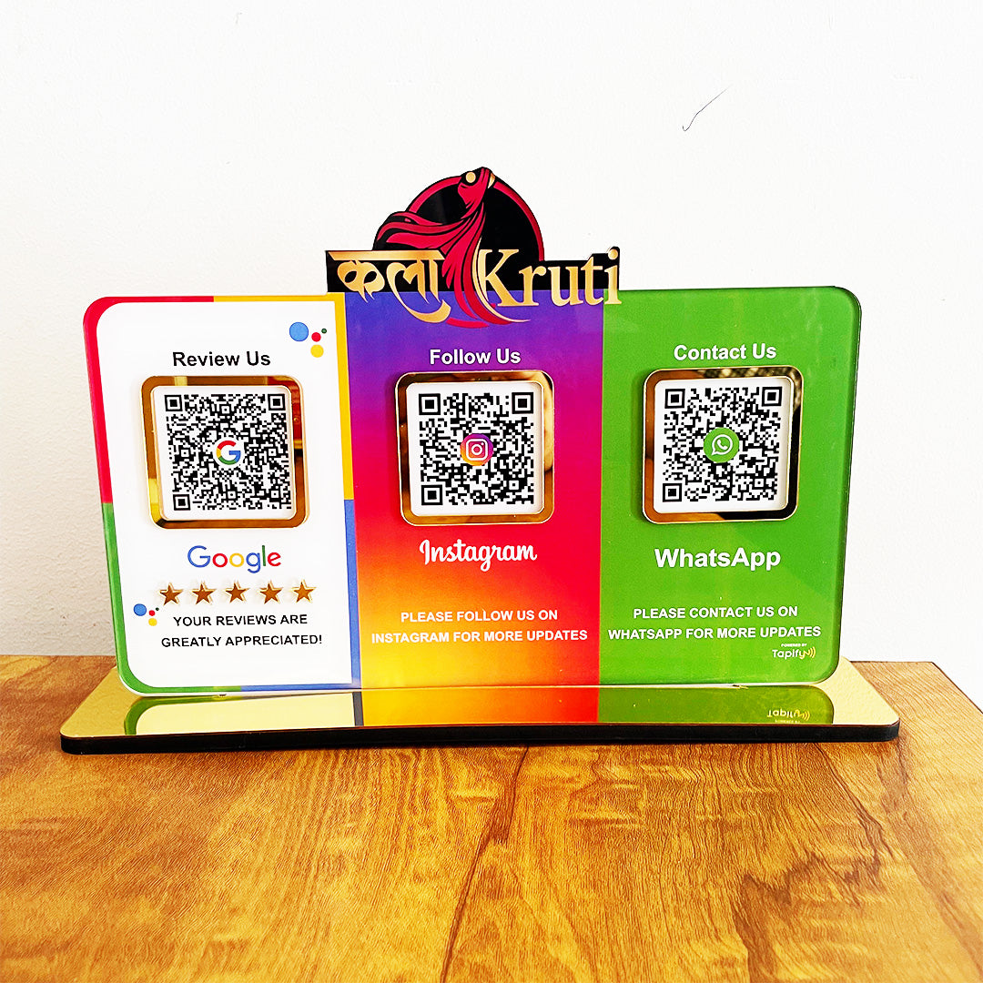 Logo Cutout Smart NFC 3QR Table Top Standee | Social Media Theme Edition-Google, Instagram, Whatsapp