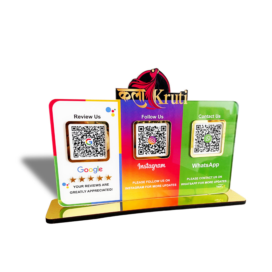 Logo Cutout Smart NFC 3QR Table Top Standee | Social Media Theme Edition-Google, Instagram, Whatsapp