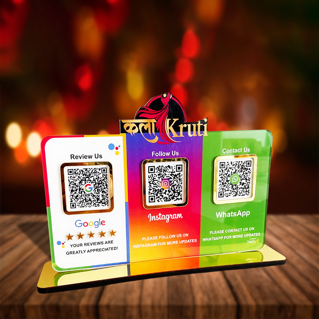 Logo Cutout Smart NFC 3QR Table Top Standee | Social Media Theme Edition-Google, Instagram, Whatsapp