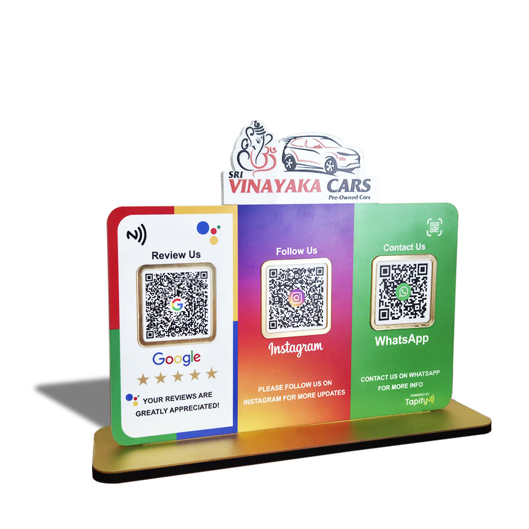 Logo Cutout Premium Smart NFC 3QR Table Top Standee | Social Media Theme Edition For - Automotive