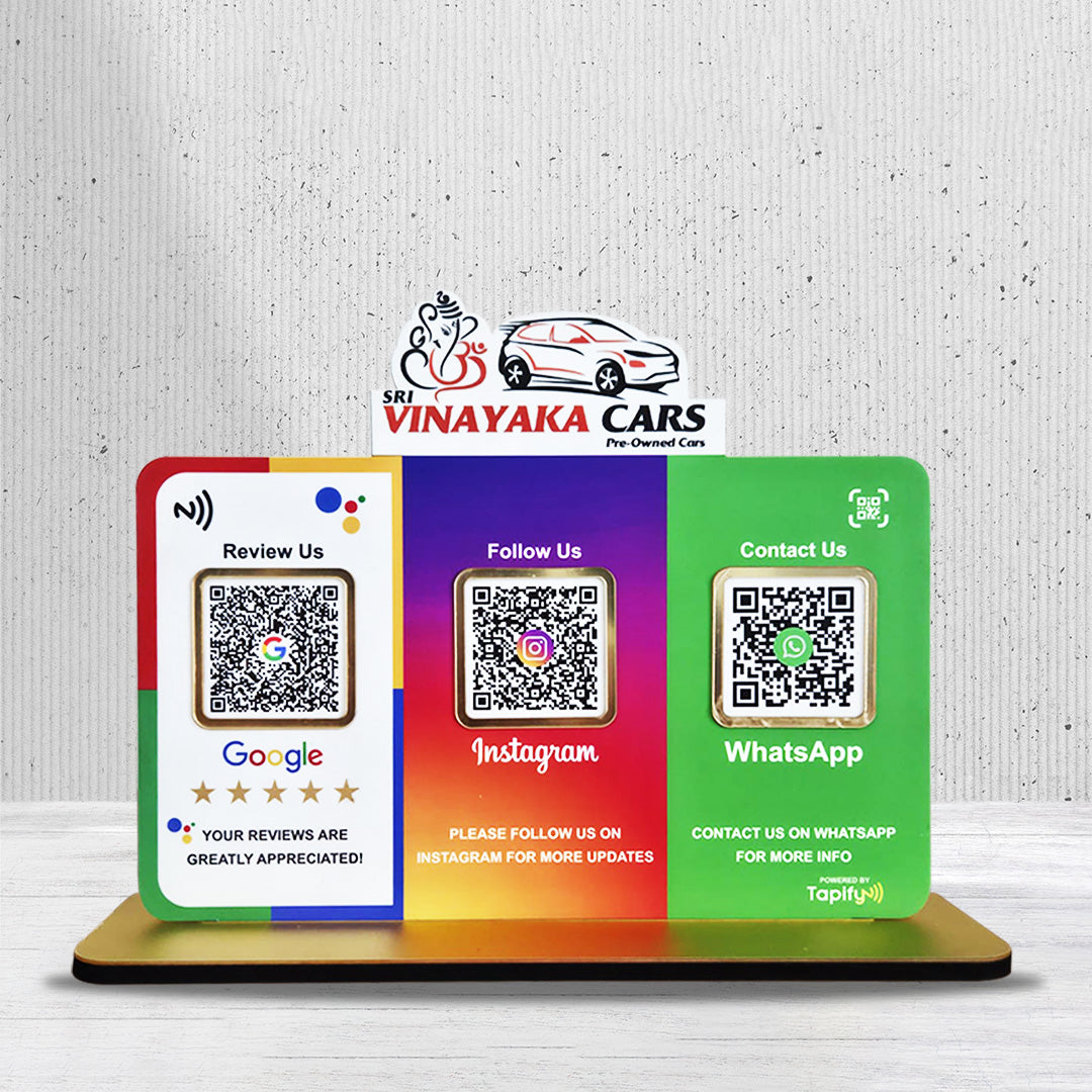 Logo Cutout Premium Smart NFC 3QR Table Top Standee | Social Media Theme Edition For - Automotive