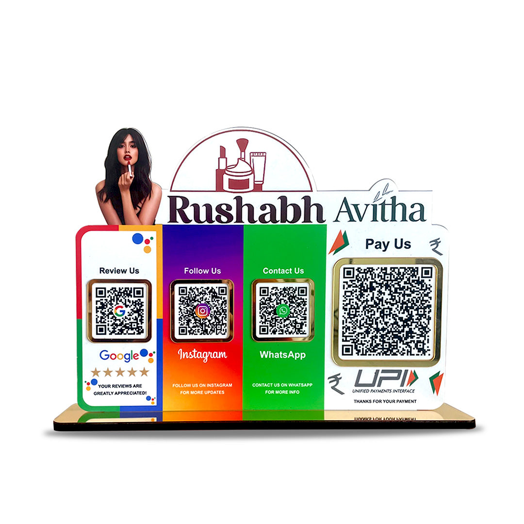 Custom Logo Cutout Smart NFC 4 QR Table Top Standee | Social Media Theme Edition With (Big UPI)