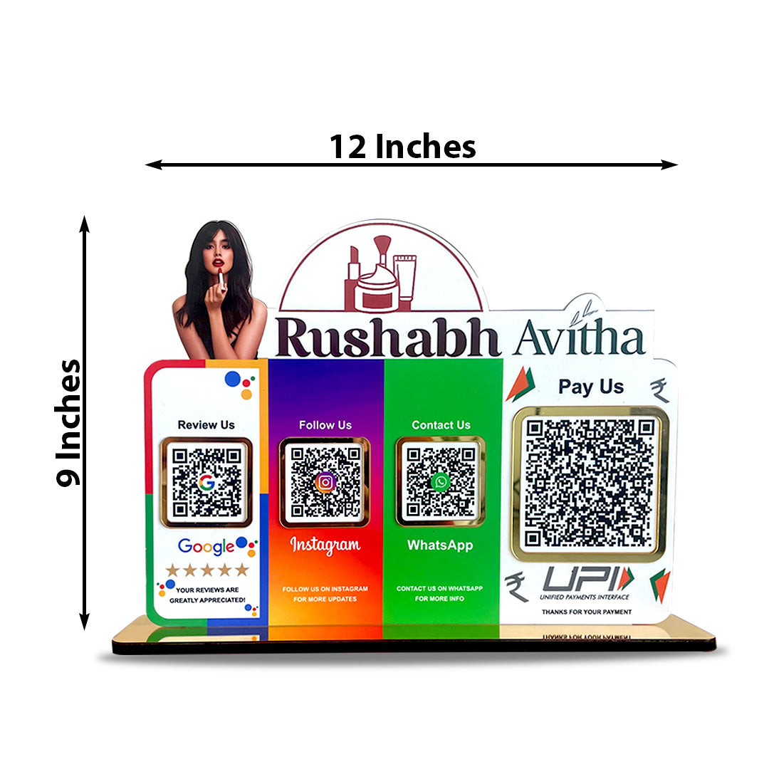 Custom Logo Cutout Smart NFC 4 QR Table Top Standee | Social Media Theme Edition With (Big UPI)