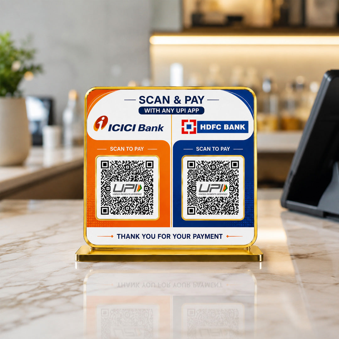 Non-NFC Premium 2-in-1 Smart QR Standee - Dual Bank UPI