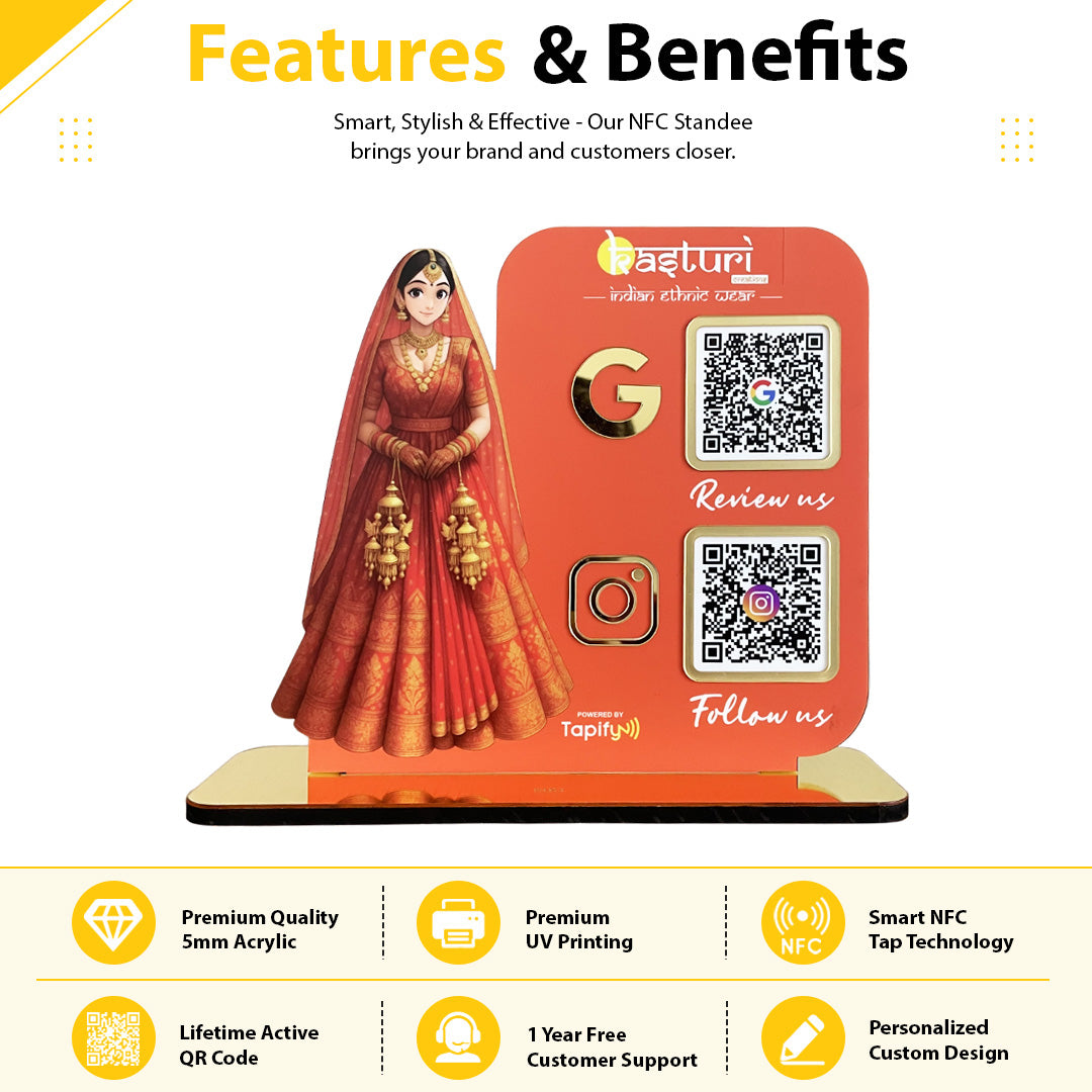 Bridal Cutout Smart NFC 2QR Standee - For Beauty Parlour & Garment Shop ( Big Size ) - Orange Colour