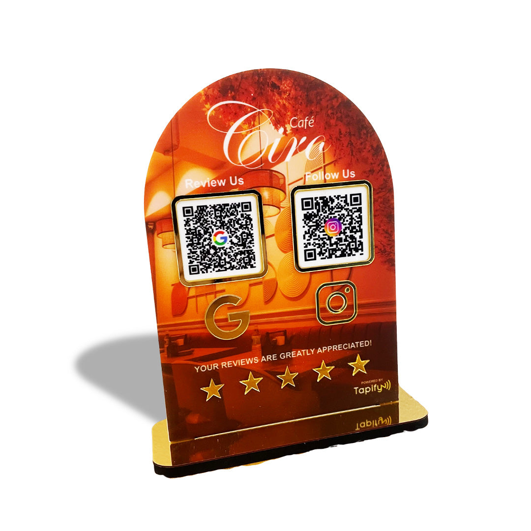 Arc Shaped Smart NFC 2 QR Tabletop Standee - Cafe Theme