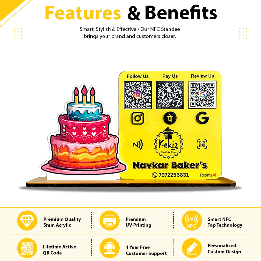 Cake Cutout Shaped Smart NFC 3-in-1 Table Top Standee - Only Print Edition ( Yellow Colour )
