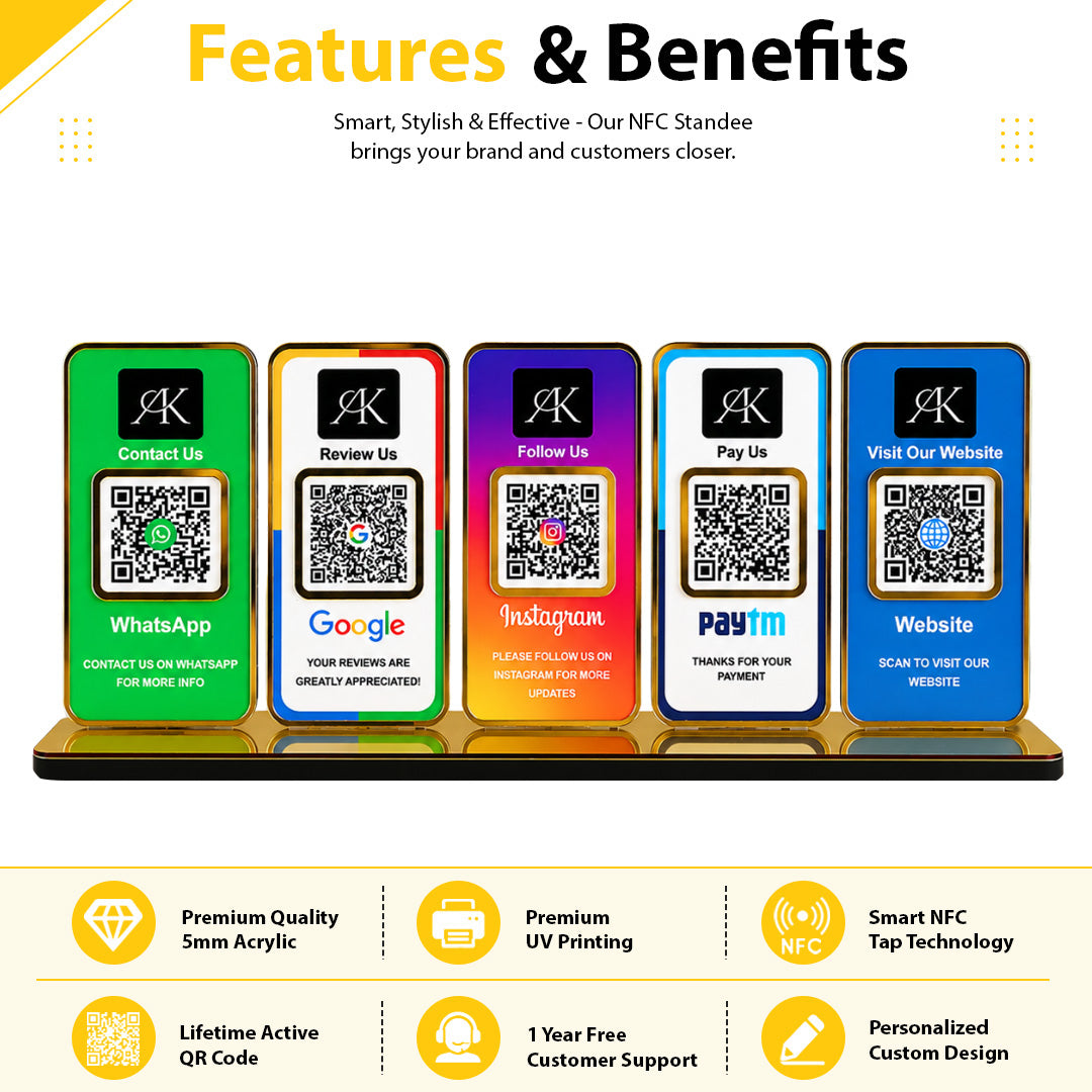 New Premium |Social Media Theme Edition | 5 in 1 Smart NFC Standee For - Whatsapp, Google, Instagram, Paytm & Website
