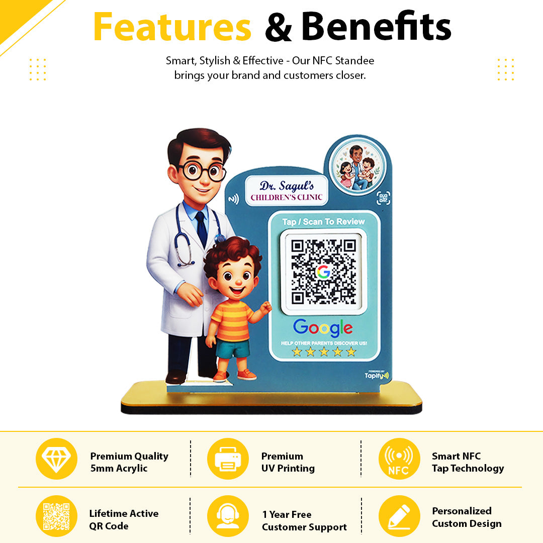 Doctor & Kid Cutout Shape - Smart NFC 1QR Standee Google Theme - Blue Colour
