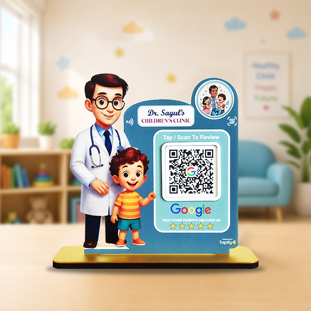 Doctor & Kid Cutout Shape - Smart NFC 1QR Standee Google Theme - Blue Colour