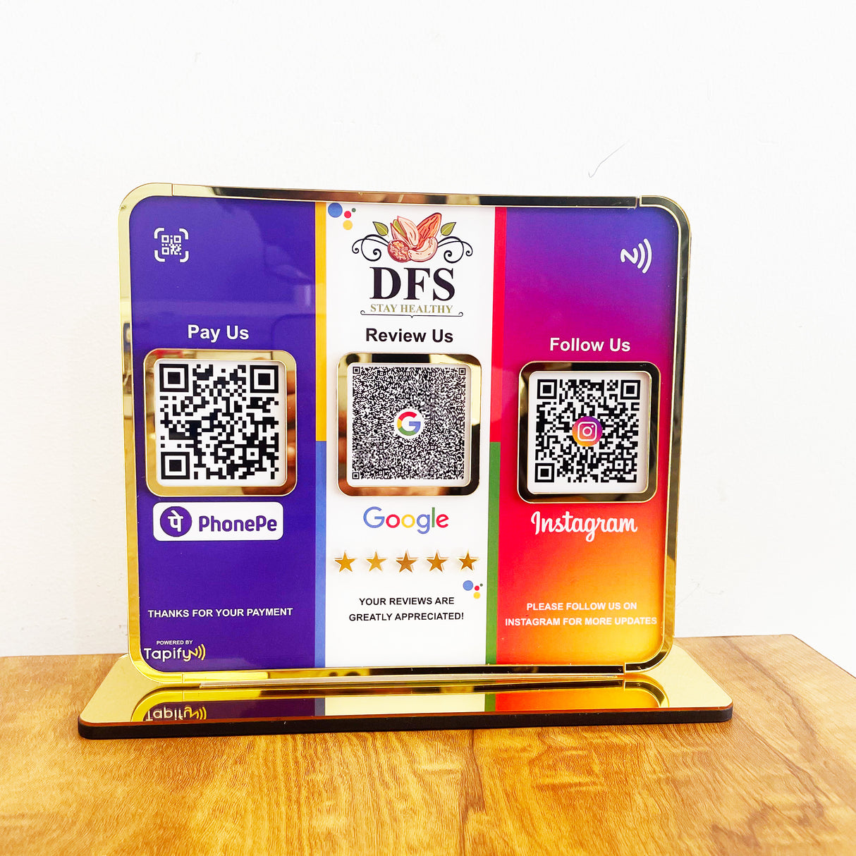 Premium Smart NFC 3QR Table Top Standee | Social Media Theme Edition - For-Google Review, Instagram Follow, Phone Pay