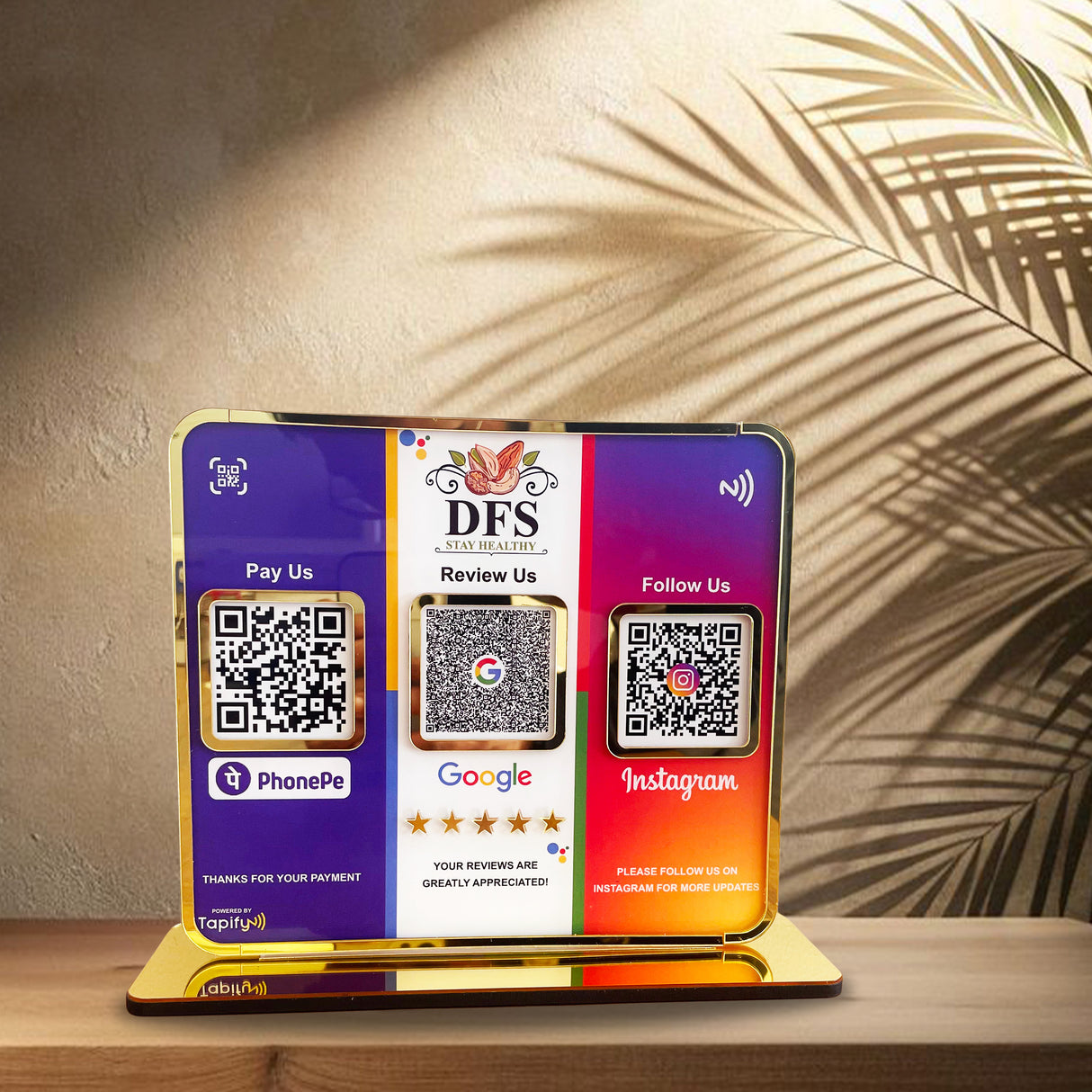 Premium Smart NFC 3QR Table Top Standee | Social Media Theme Edition - For-Google Review, Instagram Follow, Phone Pay