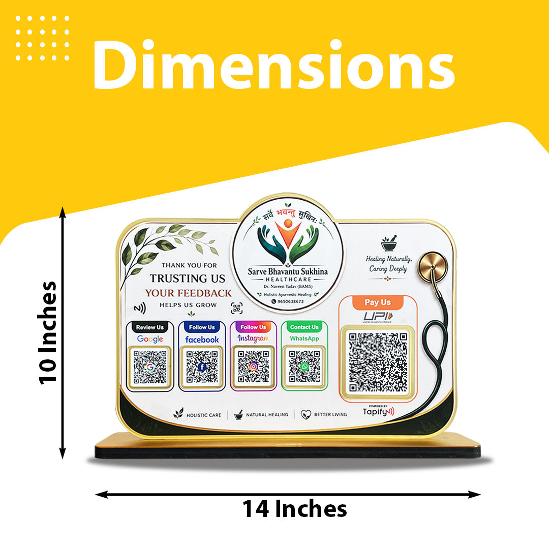 Logo Cutout Smart NFC 5 QR Table Top Standee | Social Media Theme Edition With (Big UPI) For - Healthcare