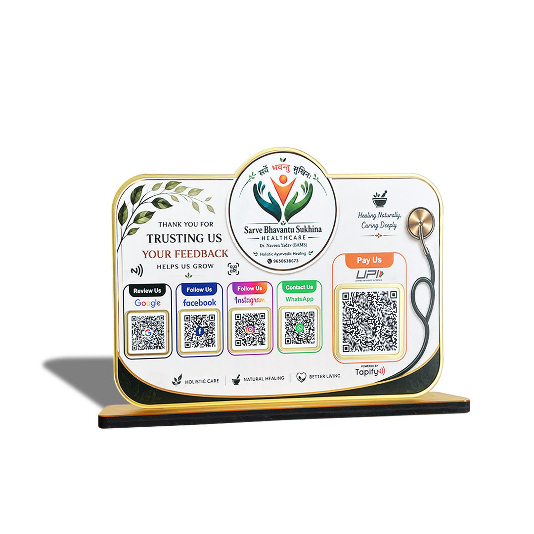 Logo Cutout Smart NFC 5 QR Table Top Standee | Social Media Theme Edition With (Big UPI) For - Healthcare