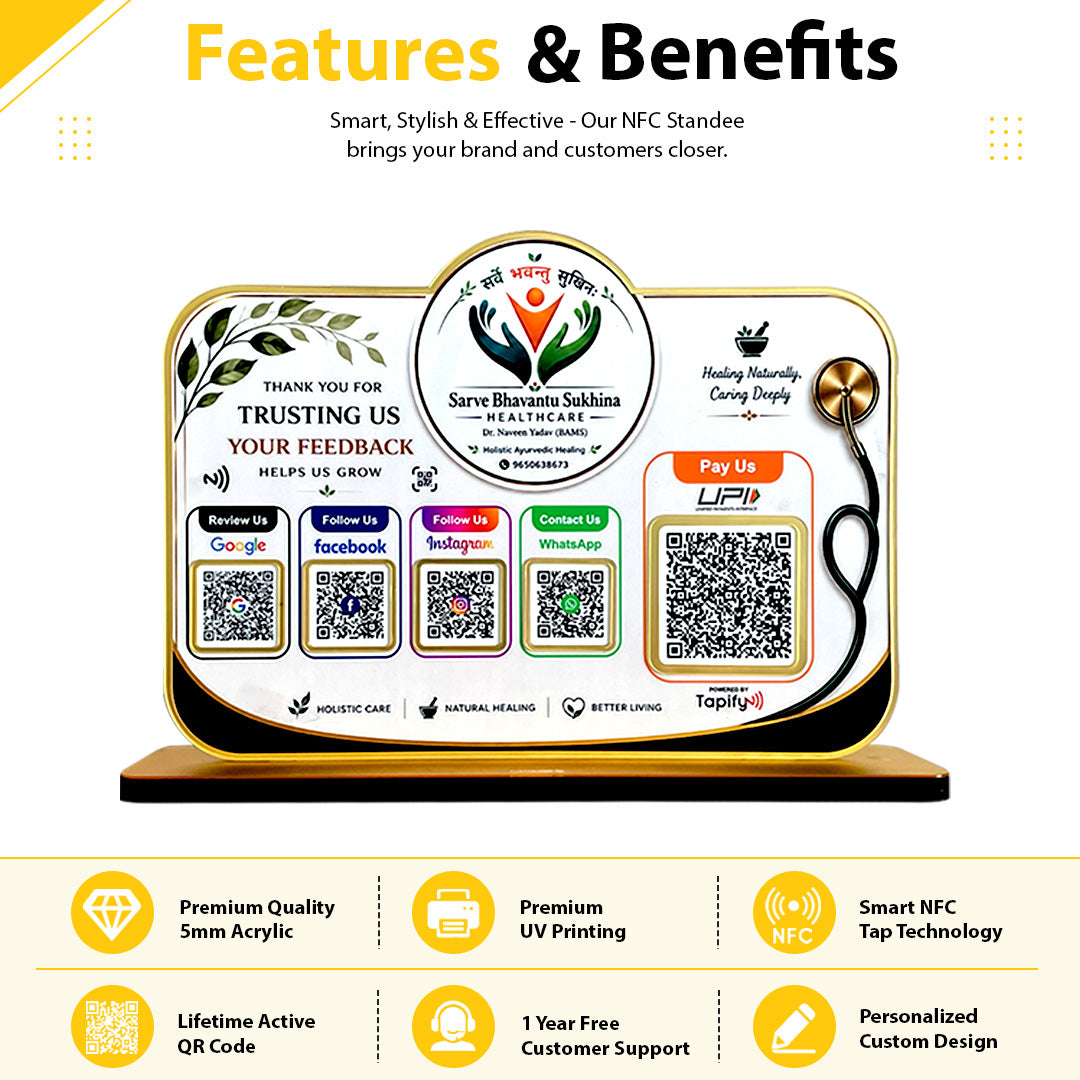 Logo Cutout Smart NFC 5 QR Table Top Standee | Social Media Theme Edition With (Big UPI) For - Healthcare