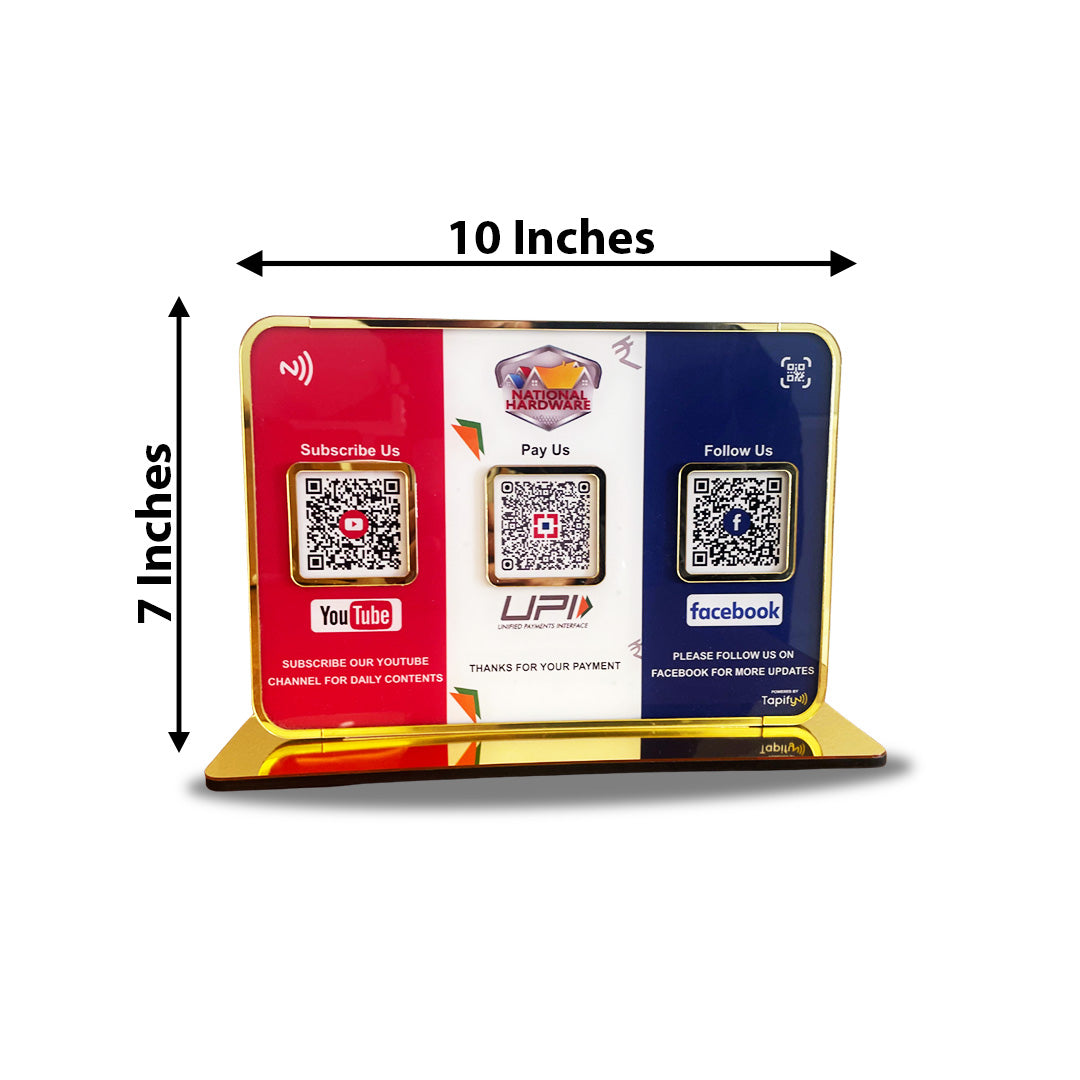 Premium Smart NFC 3QR Table Top Standee | Social Media Theme Edition-Youtube, UPI Payment, Facebook