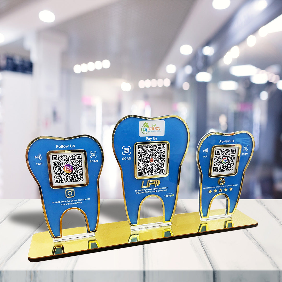 Tooth Shaped - Smart NFC 3-in-1 Tabletop Standee - Blue Colour | For Dentist