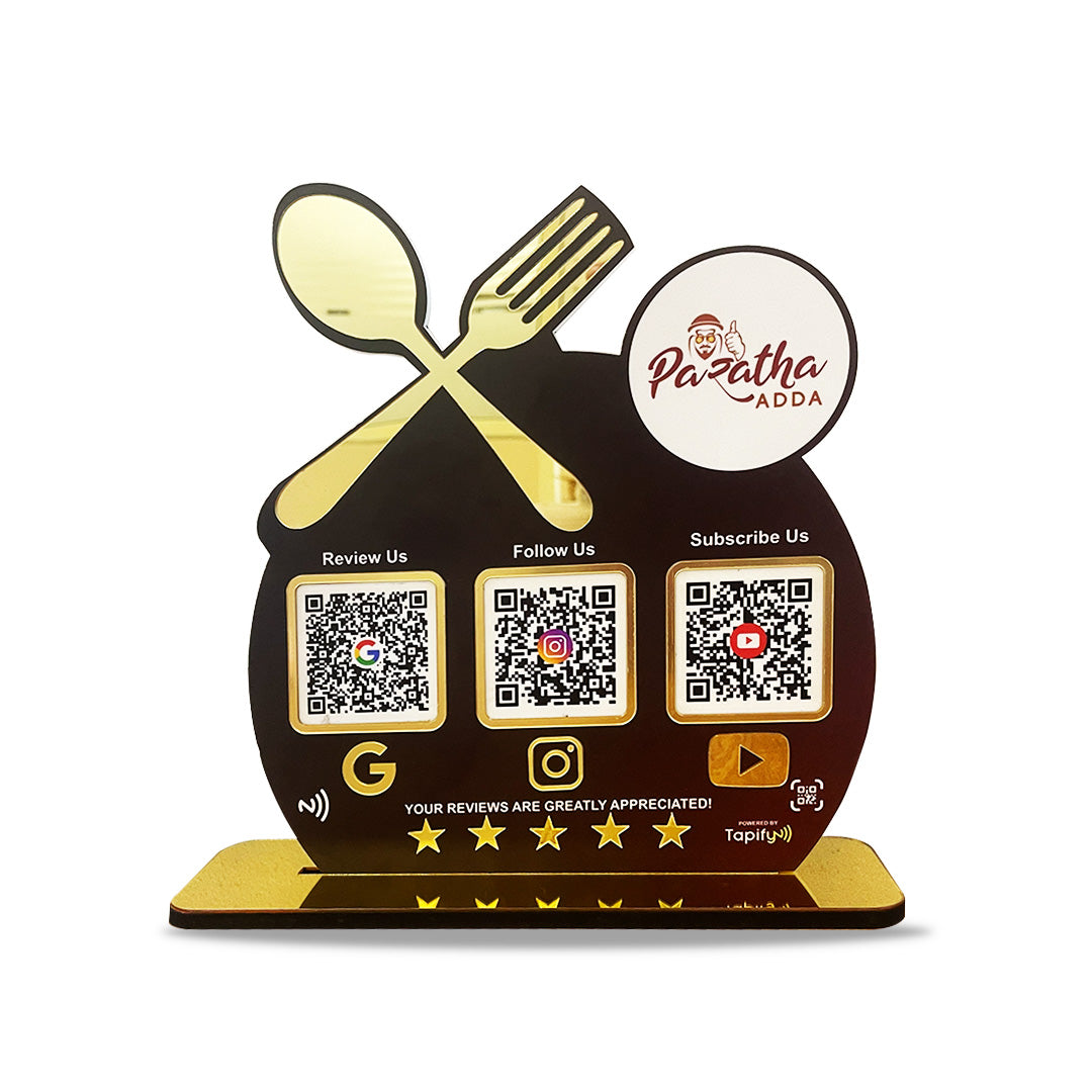 Spoon Cutout Smart NFC 3-in-1 Tabletop Standee For Restaurants - Logo Cutout - Black Colour