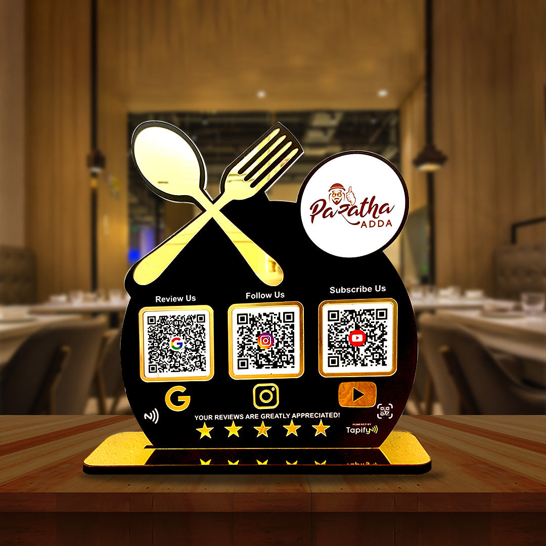 Spoon Cutout Smart NFC 3-in-1 Tabletop Standee For Restaurants - Logo Cutout - Black Colour