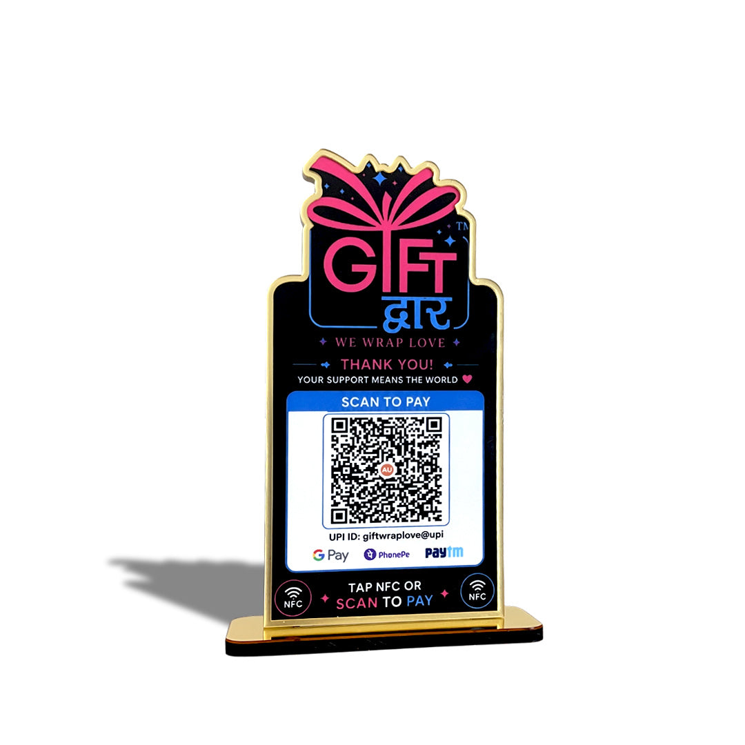 Gift Shaped - Smart 1QR Table Top Standee - Black Theme ( UPI Without NFC )