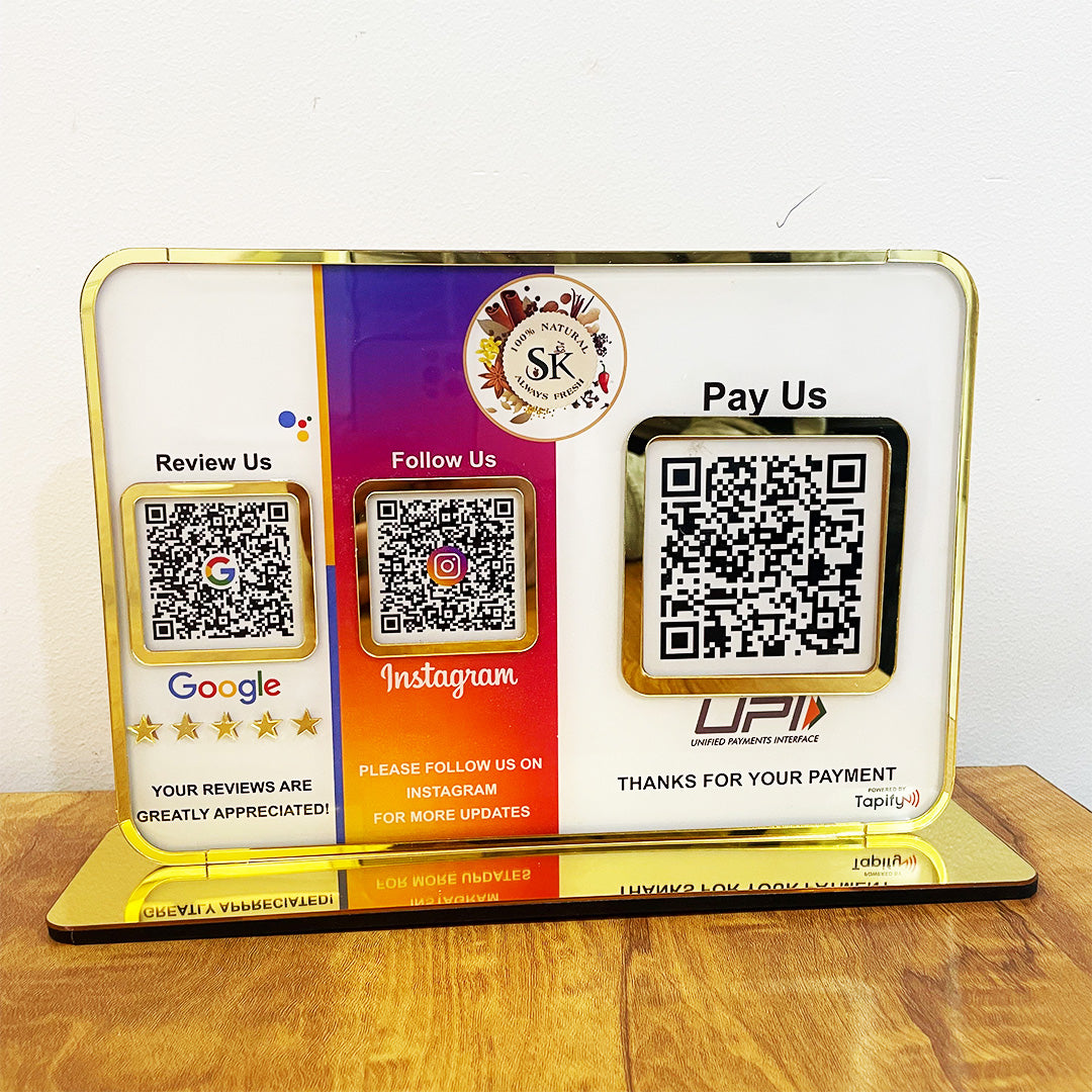 Premium Smart NFC 3QR Table Top Standee | Social Media Theme Edition With Big UPI
