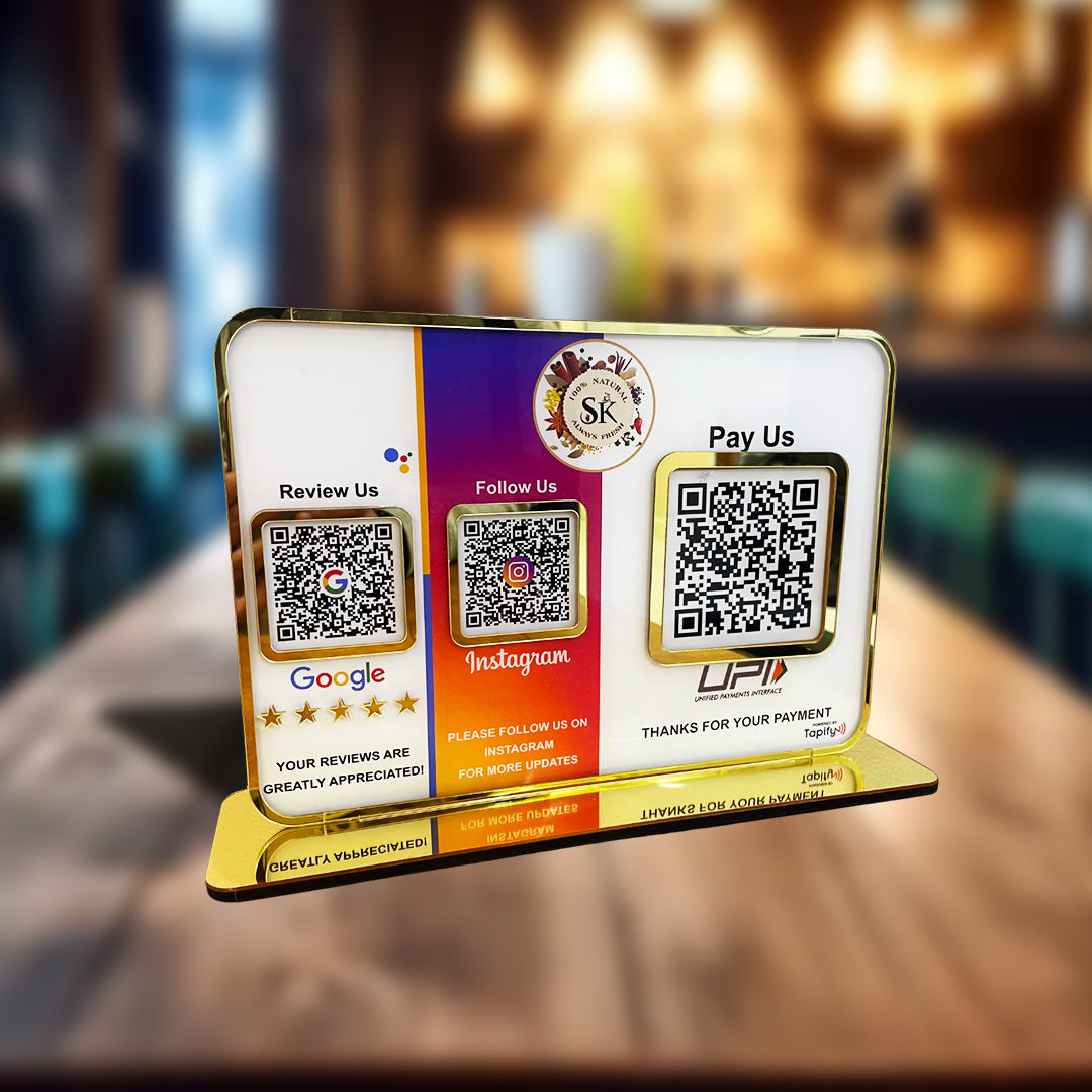 Premium Smart NFC 3QR Table Top Standee | Social Media Theme Edition With Big UPI