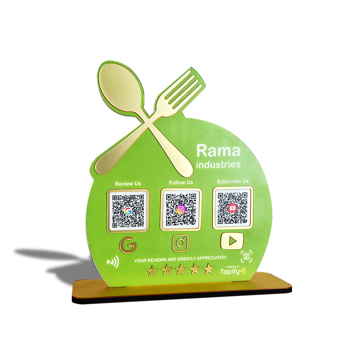 Spoon Cutout Smart NFC 3-in-1 Tabletop Standee For Restaurants - Green Colour