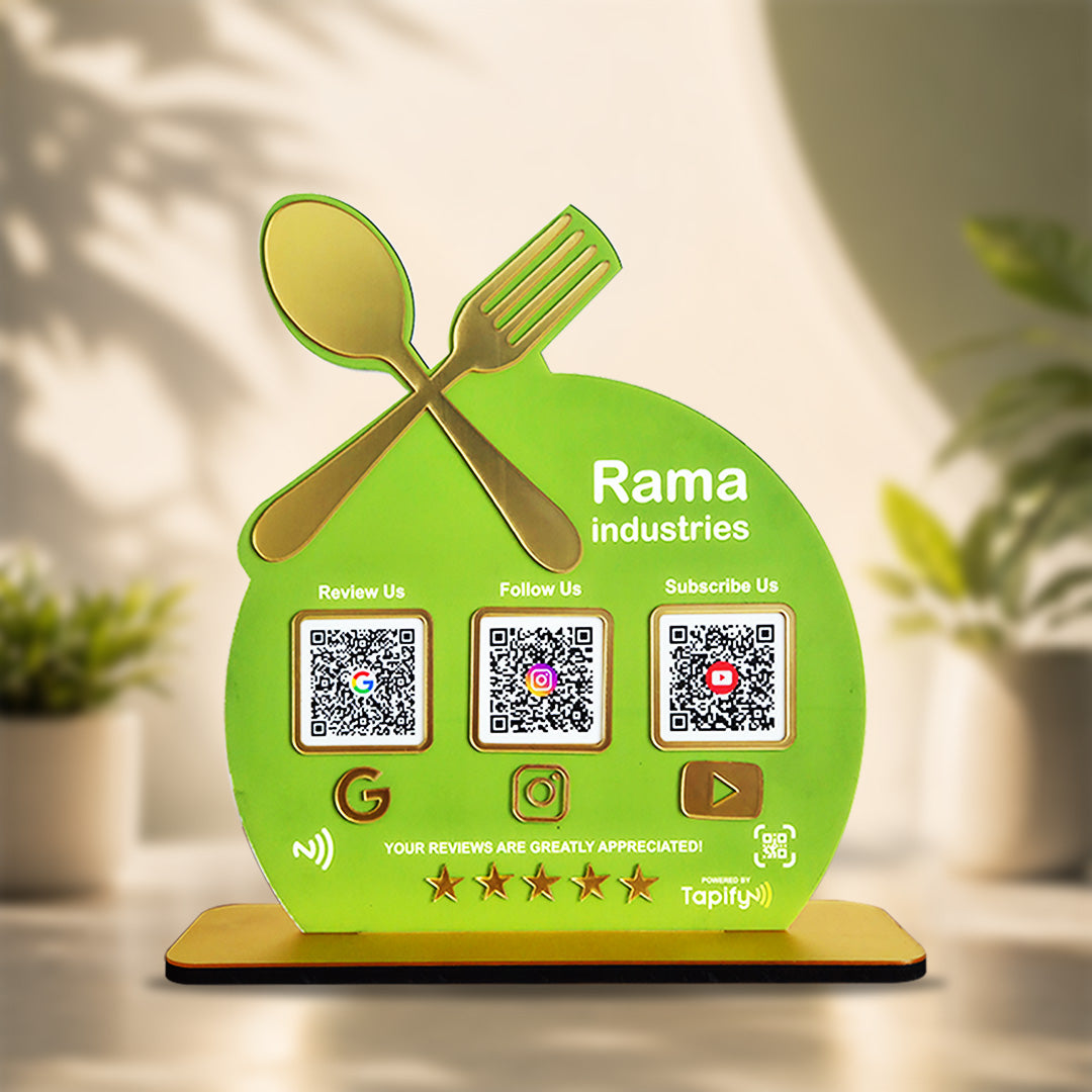 Spoon Cutout Smart NFC 3-in-1 Tabletop Standee For Restaurants - Green Colour