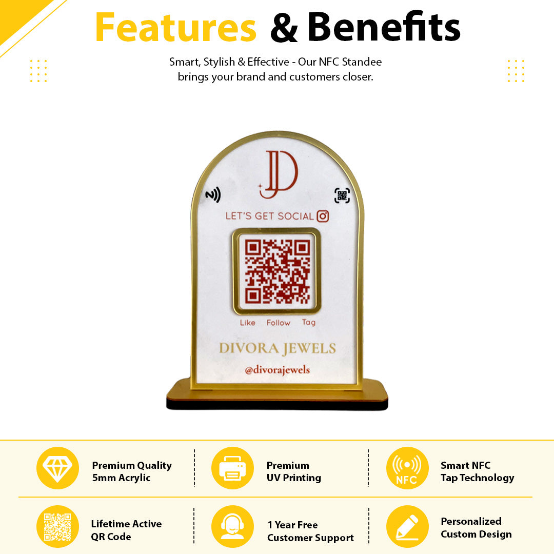 Round Top Rectangle Shaped - Smart NFC 1 QR Tabletop Standee - White Colour