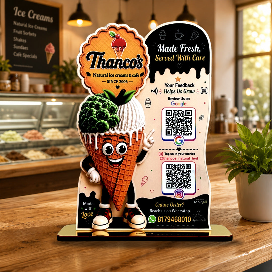 Ice Cream Shaped Smart NFC 2 QR Standee - For Ice Cream Shops