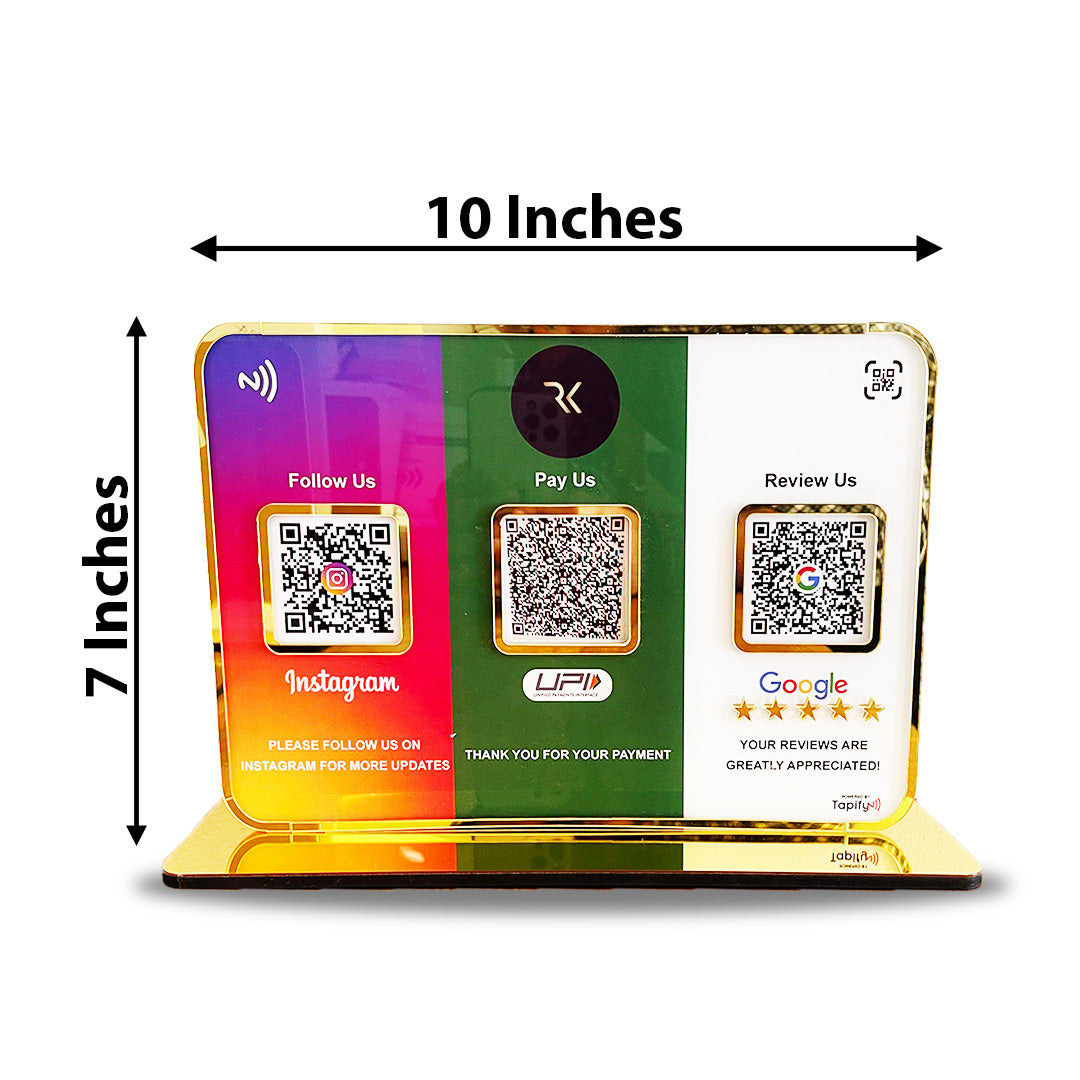 Premium Smart NFC 3QR Table Top Standee | Social Media Theme Edition- Instagram, UPI, Google