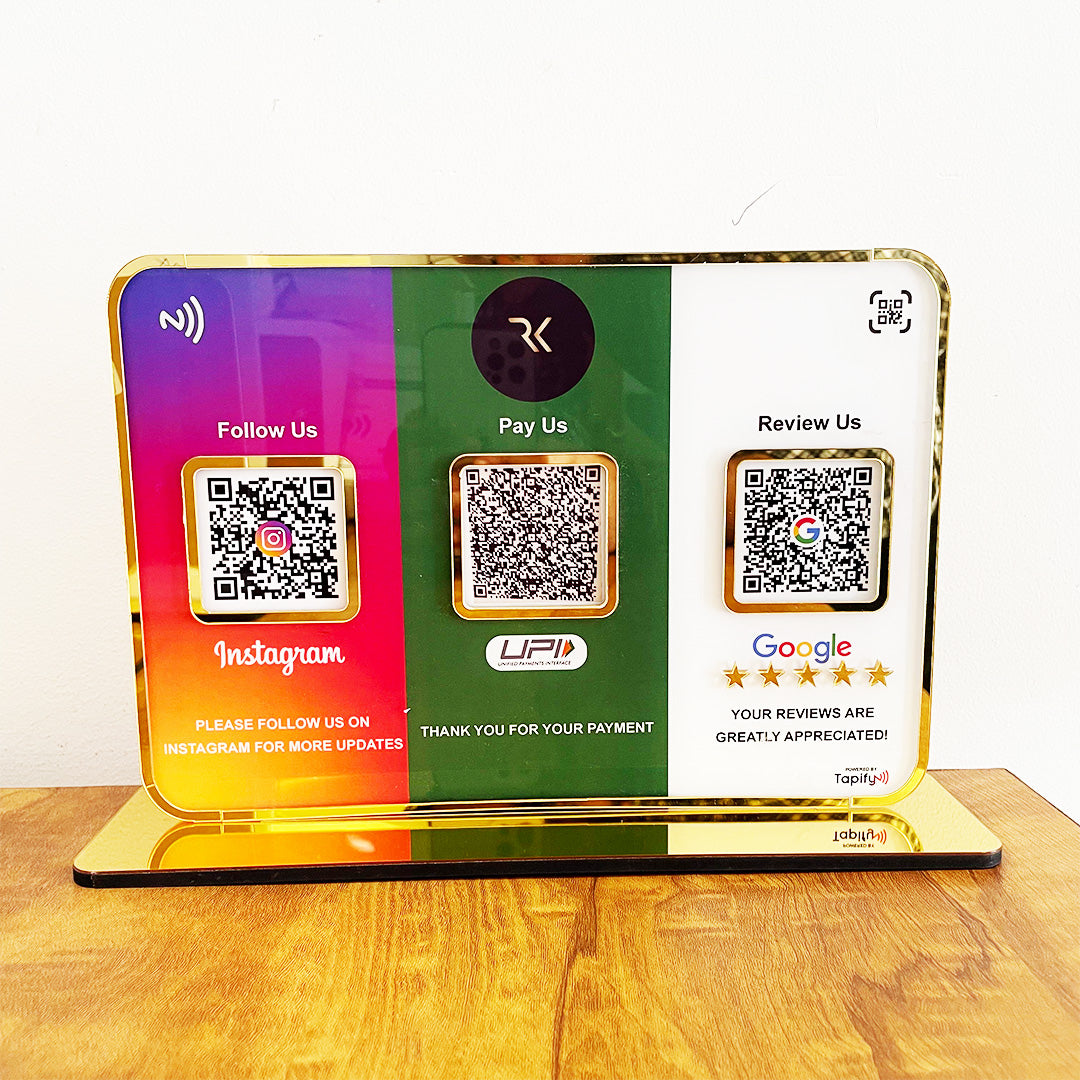 Premium Smart NFC 3QR Table Top Standee | Social Media Theme Edition- Instagram, UPI, Google