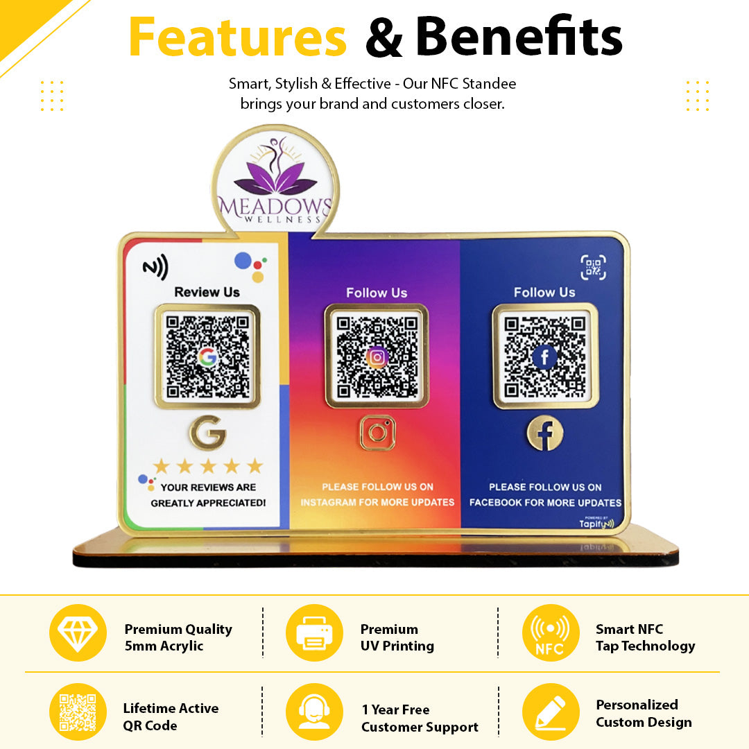 Logo Cutout Premium Smart NFC 3QR Table Top Standee | Social Media Theme Edition For - Wellness Center