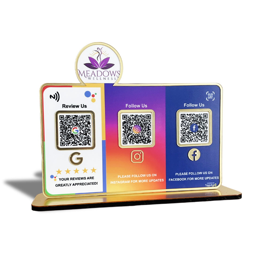 Logo Cutout Premium Smart NFC 3QR Table Top Standee | Social Media Theme Edition For - Wellness Center