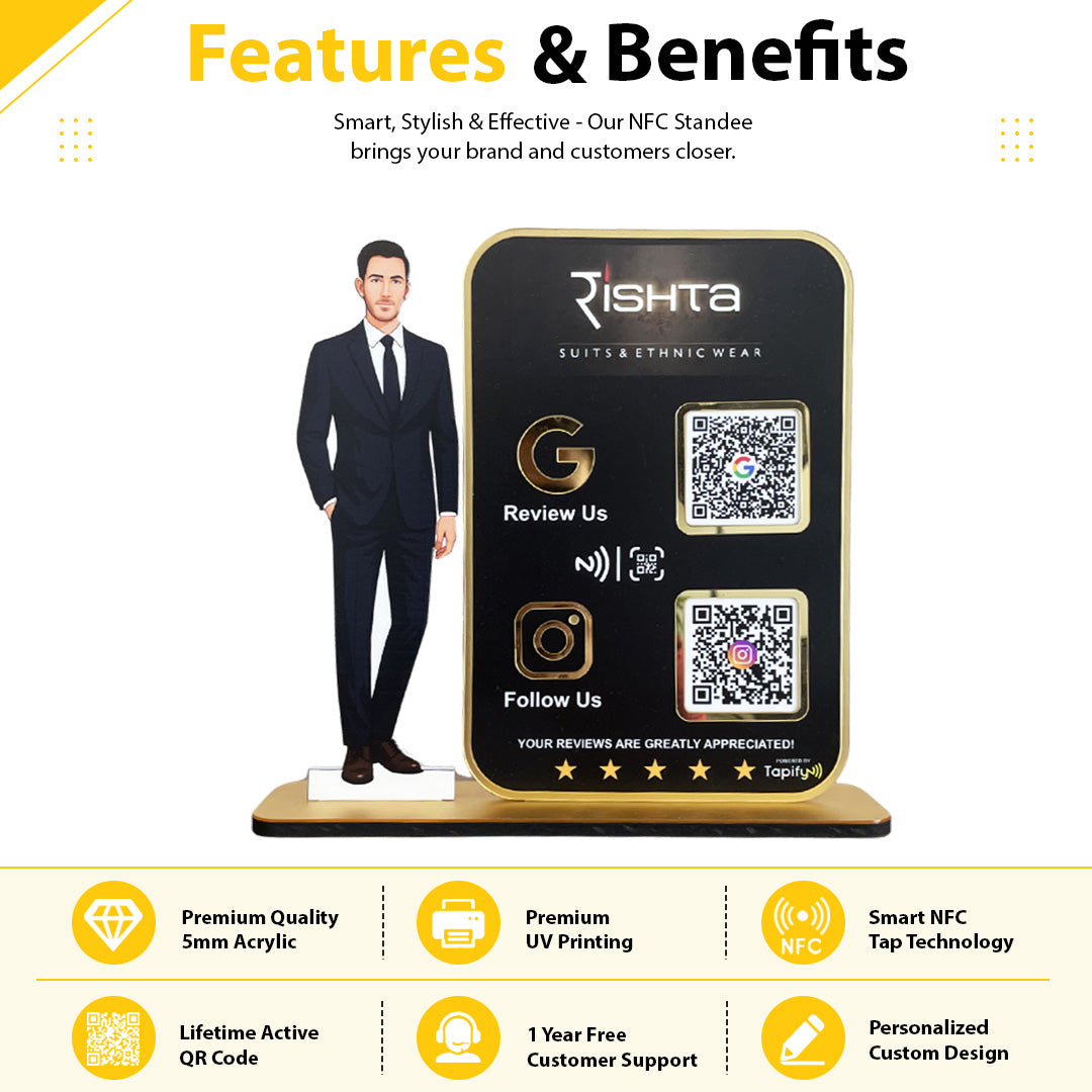 Men in suit Cutout Premium Smart NFC 2QR Standee - For Garment Shop - Big Size