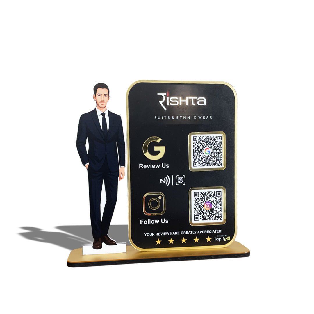 Men in suit Cutout Premium Smart NFC 2QR Standee - For Garment Shop - Big Size
