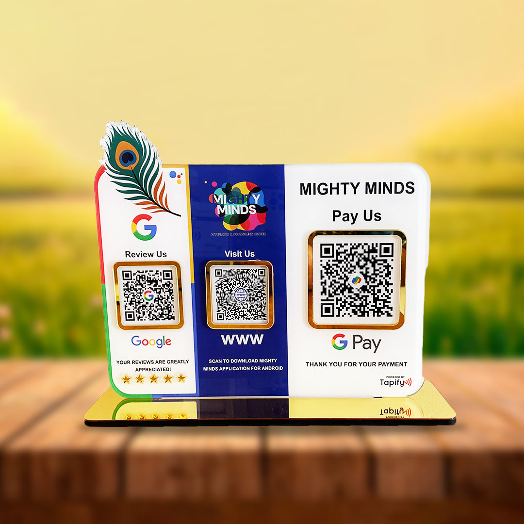 Mor Pankh Cutout Premium Smart NFC 3QR Table Top Standee |Google, Website, GPay