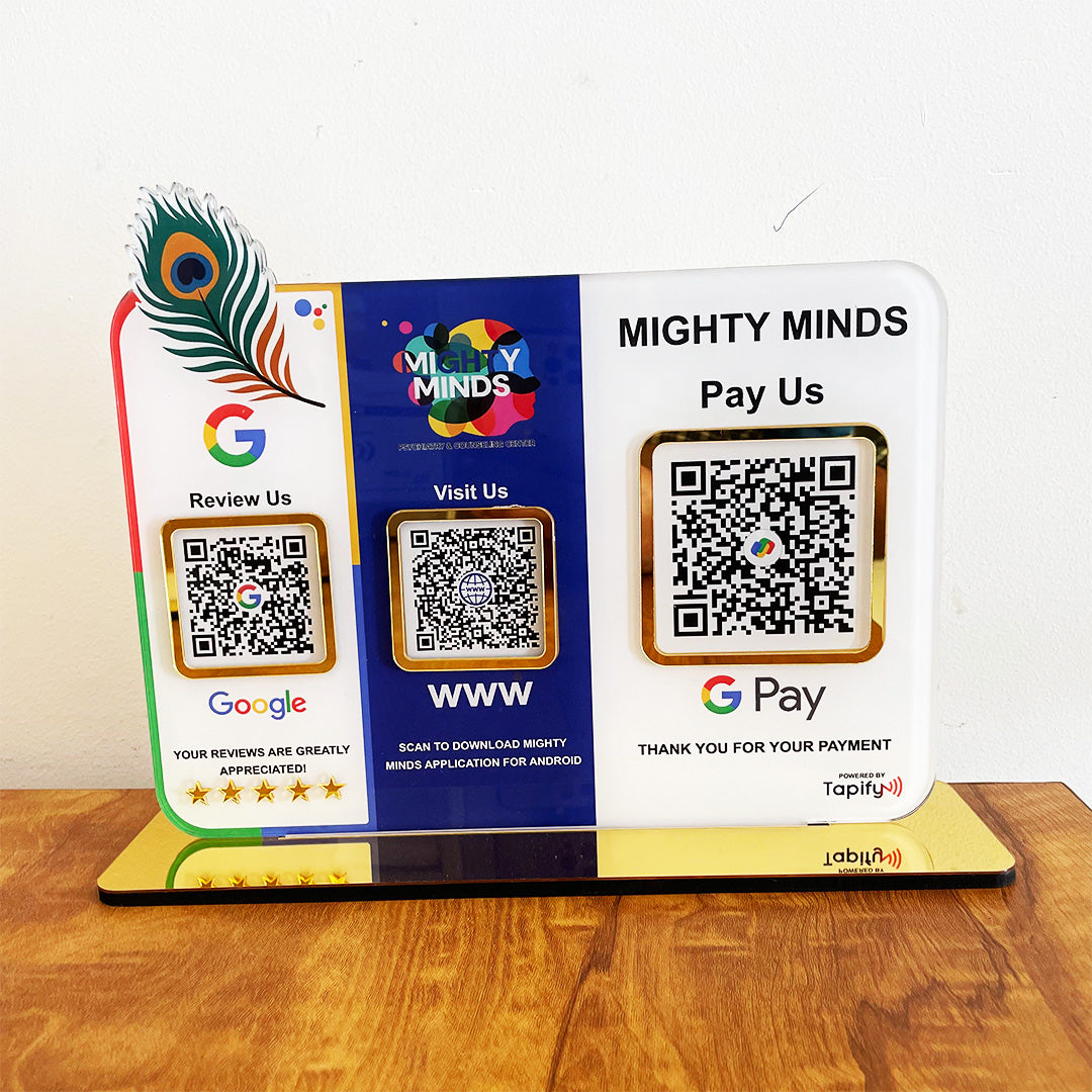 Mor Pankh Cutout Premium Smart NFC 3QR Table Top Standee |Google, Website, GPay